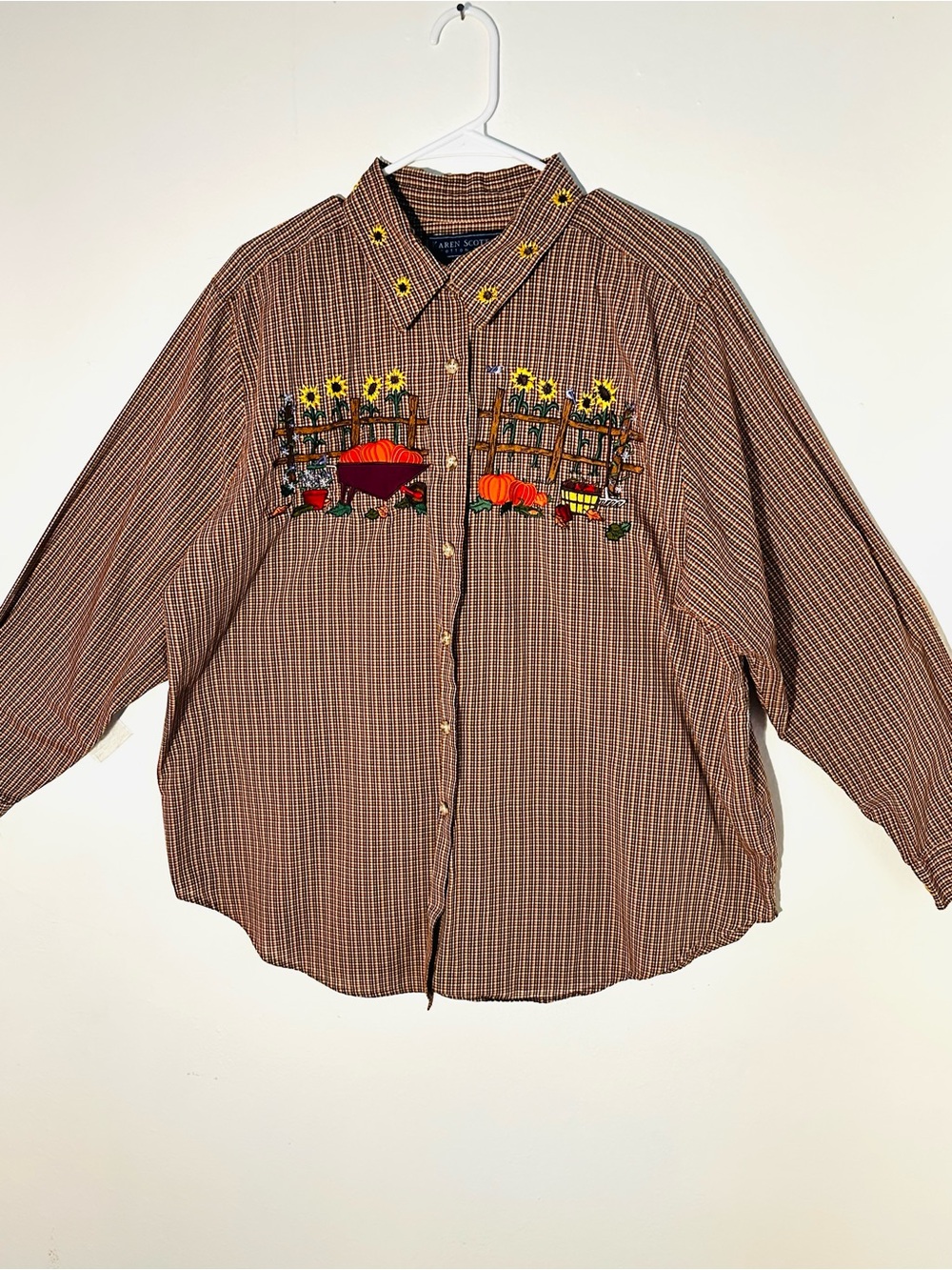 Karen Scott Brown Plaid Button-Down Shirt with Sunflower & Pumpkin Embroidery